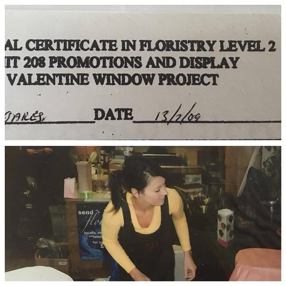 Annie's Level 2 Certificate in Floristry from 2009, alongside a photo of her working in the shop at the time