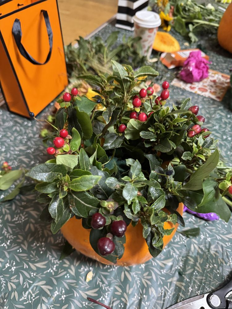 Foliage and red berries arranged in a hollowed pumpkin