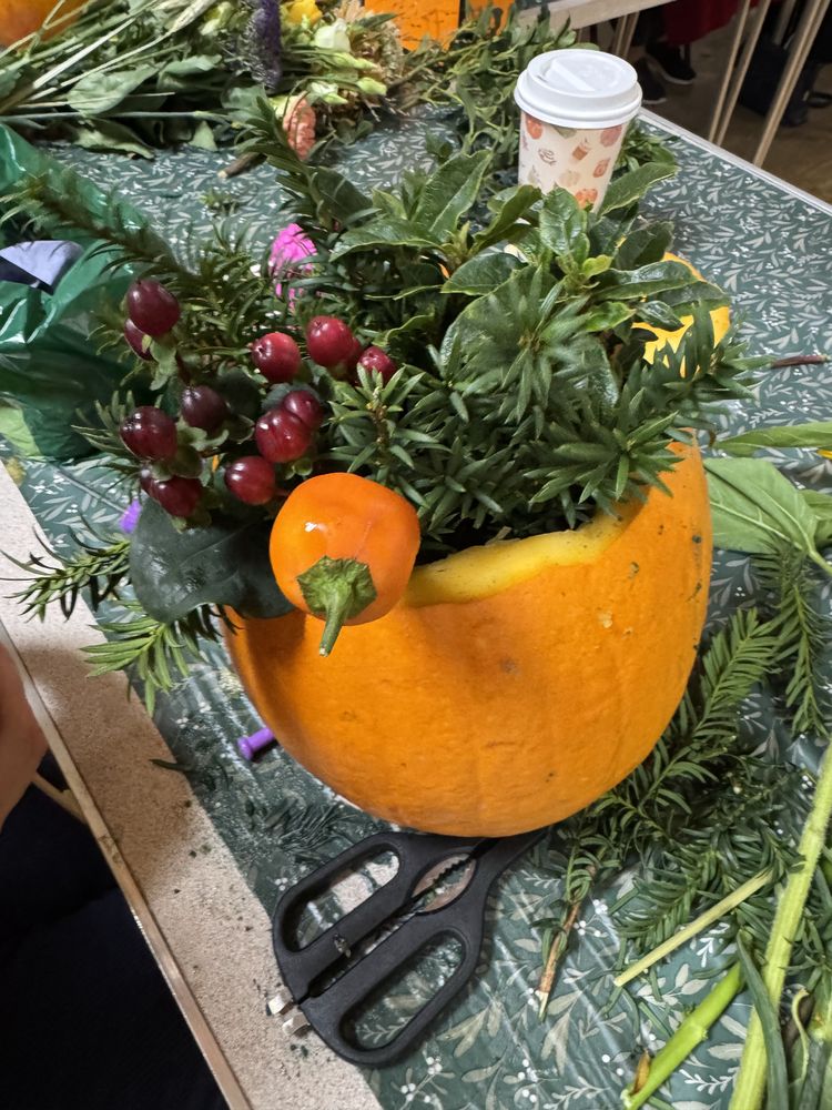 A guest's pumpkin filled with hypericum berries and greenery