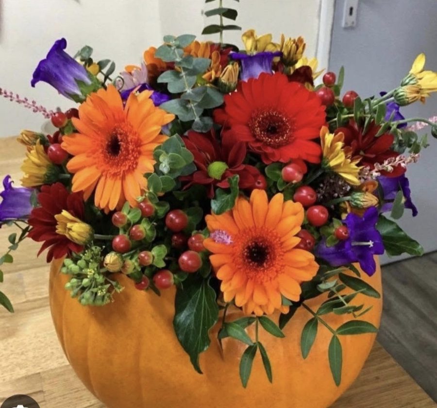 Orange gerberas, berries and foliage arranged inside a pumpkin